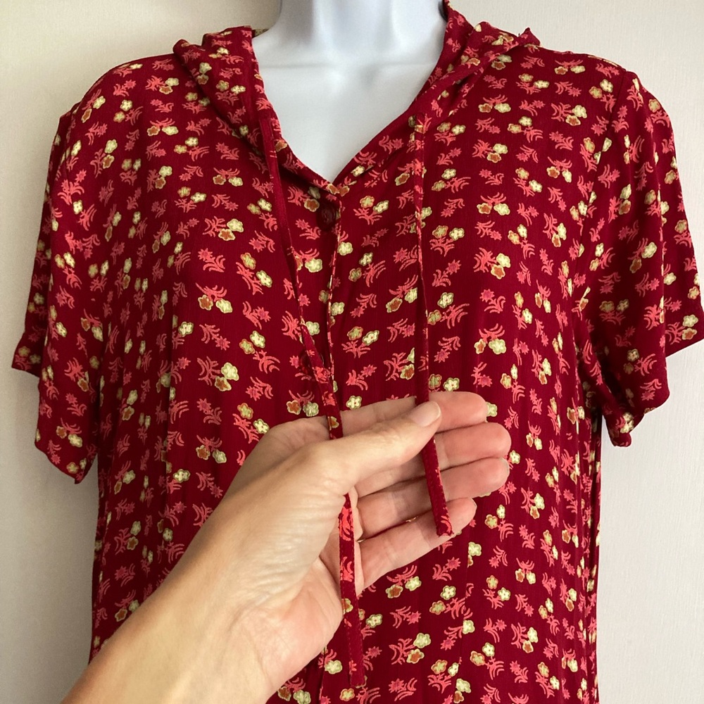 Vintage Y2K Red Short Sleeve Hooded Drawstring Floral Button Up Y2K Maxi Dress M - Picture 5 of 13